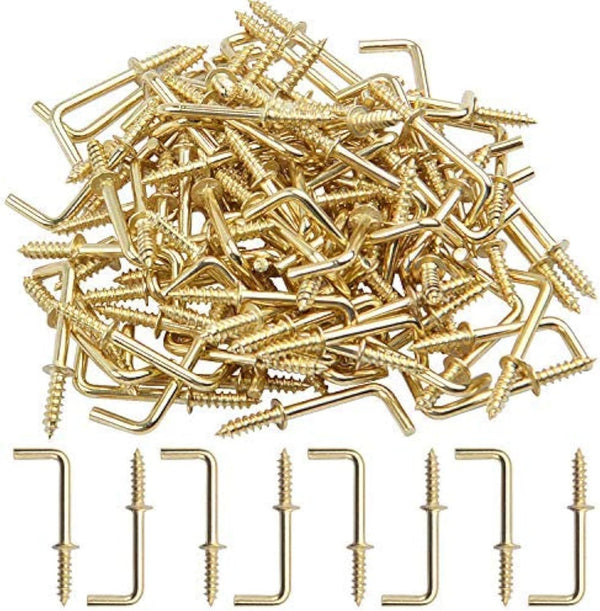 Jdesun Metal Screw in Hooks, 100pcs 3/4 Inch Right Angle Self-Tapping Hooks for Hanging, Gold