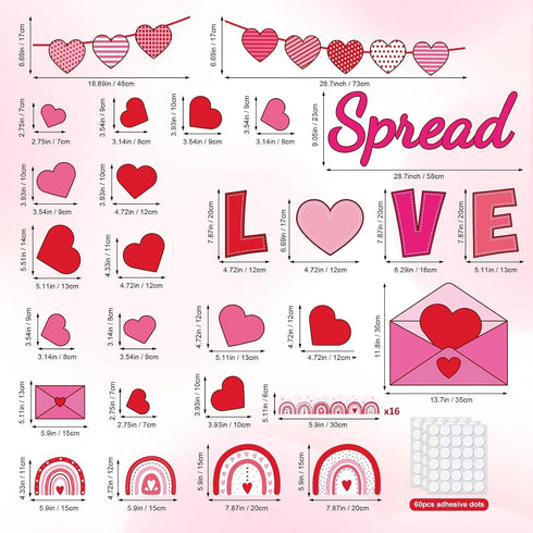 Spread Love Bulletin Board Decorations Valentine Rainbow Envelopes Cutouts for Bulletin Board Border, Valentine's Day Heart Love Bulletin Board With Glue Point Dots for Classroom School Party Supplies
