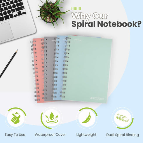 TWONE Spiral Notebook, 7"x10", 140 Ruled Pages, Waterproof Frosted PP Cover, Blue, Ideal for School, Office, Personal