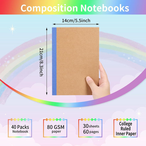 EOOUT 40 Pack A5 Kraft Notebooks - Composition Notebooks in 12 Colors with Rainbow Spines, 60 Pages