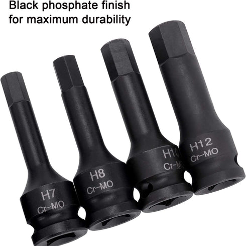3/8 Inch 4/5/6/7/8/10/12 MM Set, 7 Drive Hex Bits Impact Allen Socket Piece Cr-Mo One-Piece Construction Metric Hex