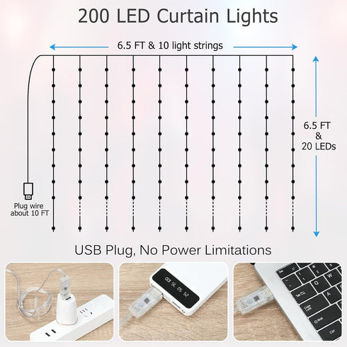 6.5ft 6.5ft 200 LED Curtain Lights, x LED RGB Color Changing String Fairy Lights Curtain with Smart APP Control, Music