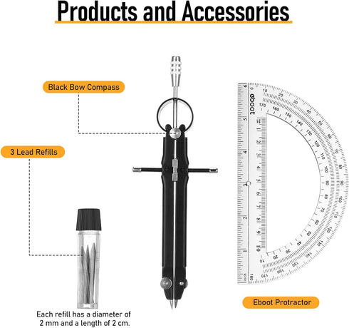EBOOT Set, 6 Inch 180 Student Geometry Math Metal Drawing Compass and Clear Swing Arm Protractors Degree Math