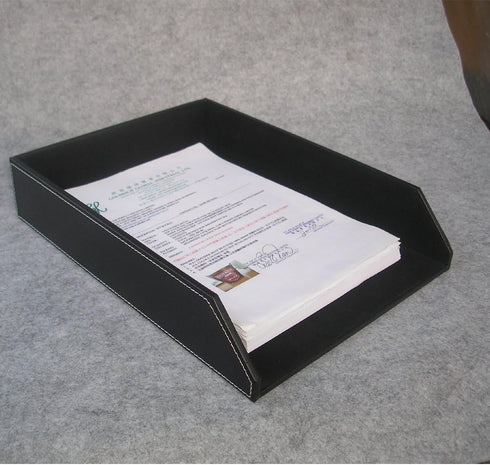 KINGFOM Letter Tray, PU Leather Paper Organizer for Desk, A4 Size Black Storage Holder for Office, Home, School