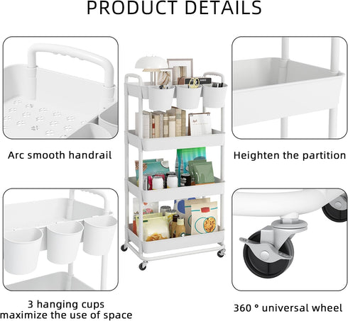 4-Tier JIUYOTREE Plastic Rolling Storage Cart Utility Cart with Extra Hanging Cups Handles Lockable Wheels for Living