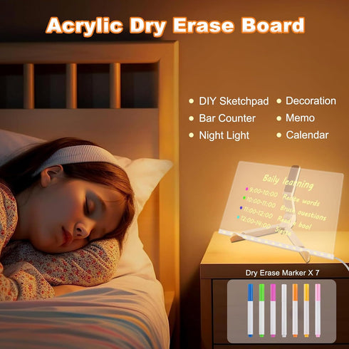 LED Note Board with Colors, 6"x6" Glowing Acrylic Message Board - Light Up Dry Erase Board with Stand & 7 Markers