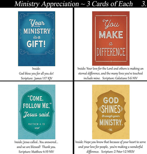 Generic 36 Set Ministry/Service Appreciation ~ Card ~ Religious Greeting Card Assortment w/Scripture ~ Pastor