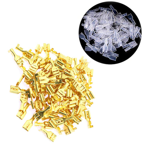 100-Pack 6.3mm Gold Female Spade Crimp Terminals with Insulating Sleeves, Quick Splice Connectors
