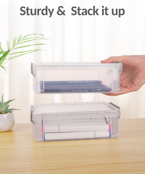 Sooez 6 Pack Extra Large Pencil Box, Plastic Crayon Case Bulk, Clear Marker Organizer with Lid, Stackable Storage Box