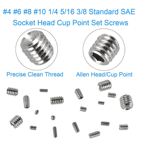 380Pcs 19 Sizes #4-40 to 3/8"-16 UNC Standard SAE Hex Socket Set Screws with 7pcs Hex Keys, Stainless Steel
