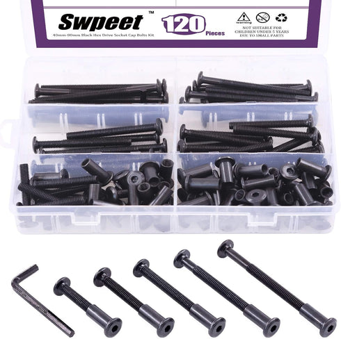 Swpeet 120Pcs Carbon Steel Black Hex Drive Socket Cap Bolts Kit with 1Pcs Hex Key for Furniture Binding