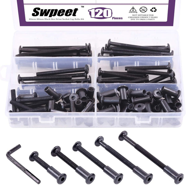 Swpeet 120Pcs Carbon Steel Black Hex Drive Socket Cap Bolts Kit with 1Pcs Hex Key for Furniture Binding