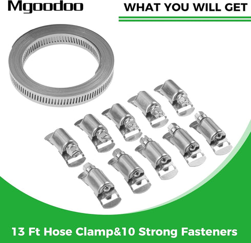 Mgoodoo 304 Stainless Steel Worm Clamps Assortment Kit, 13 FT Large Hose Clamp Strap with 10 Fasteners for Intercooler