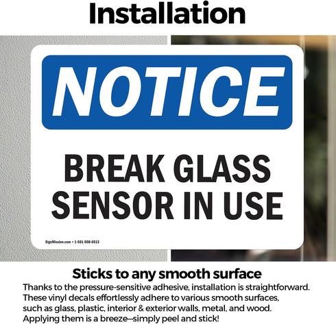 (2 Pack) Glass Break Sensor In Use OSHA Notice Sign - 5 Inch X 3.5 Inch Vinyl Label Decal