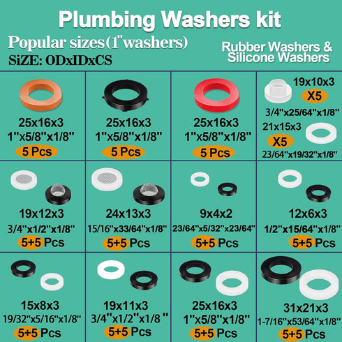 32 Size 258 PC Faucet and Plumbing Rubber Washers Assortment Kit for Assorted Garden Hose Valve Spigot Adapter Splitter Outdoor Faucet Bibb Shower Hose Gasket Repair