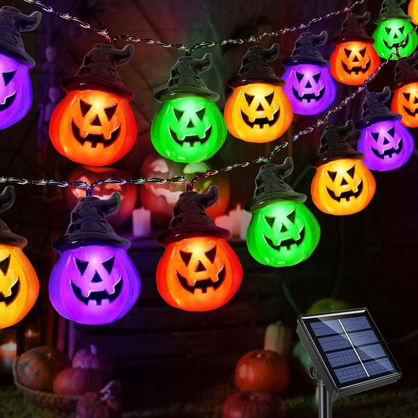 Upgraded Solar Halloween Lights Outdoor, 16ft 30LED Pumpkin String Lights with 8 Modes for Waterproof Garden Patio