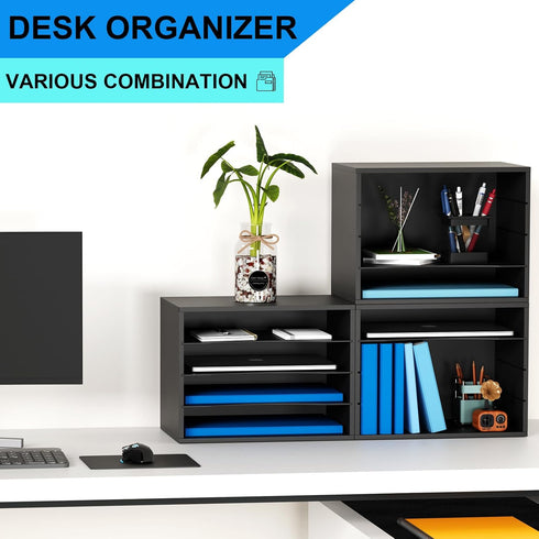 Wood Desktop Letter Tray File Organizer, Paper Storage Mail Sorter with 3 Adjustable Drawer Boards for Home and Office