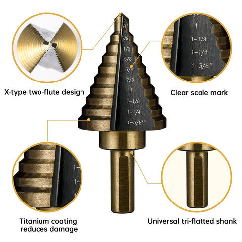 Step Drill Bits, 5PCS HSS Titanium Step Drill Bit Set, 50 Sizes High Speed Steel Bits with Aluminum Case
