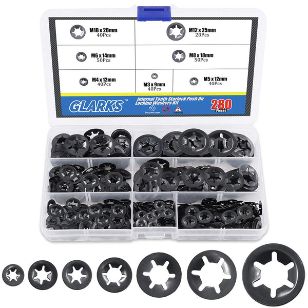 Glarks 280Pcs Internal Tooth Starlock Push On Locking Washers, Speed Clips Fasteners Assortment Kit