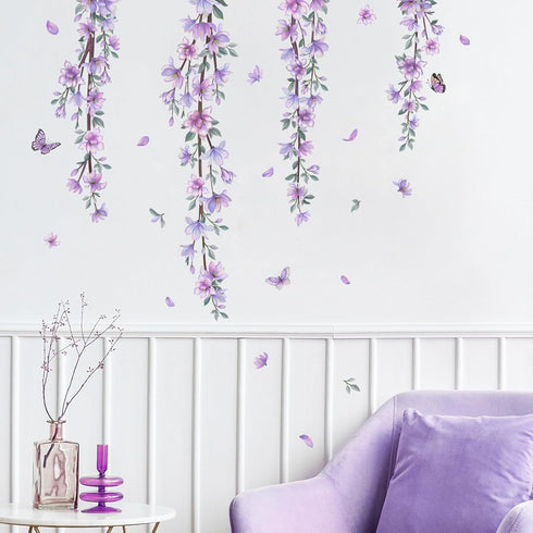 Finpletai Hanging Purple Flower Wall Stickers Vine Floral Wall Decals for Girls Kids Bedroom Nursery Living Room TV