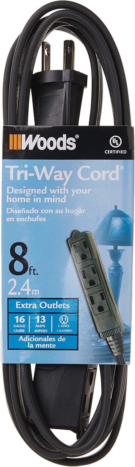 Woods 2611 8-Foot 3-Prong Indoor Extension Cord with 3 Outlets, Black