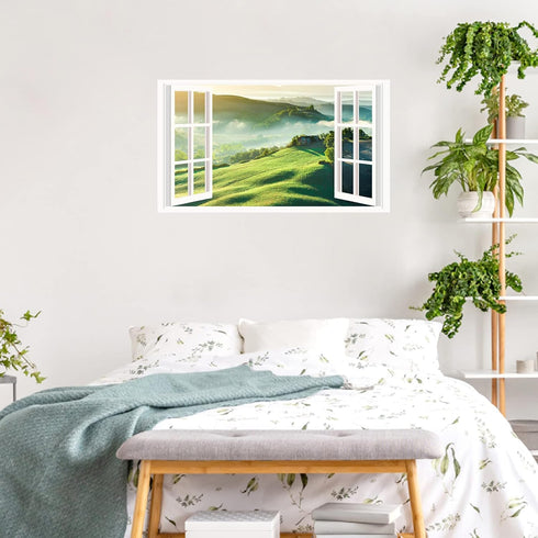 Mountain View Wall Stickers, 3D Fake Window Nature Scenery Decals for Bedroom Living Room, Removable Wall Murals