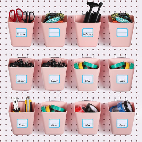 Namalu 12 Pack Peg Board Storage Bins - Square Box Shape with Labels and Hooks for Craft Room Wall Holder, Pink