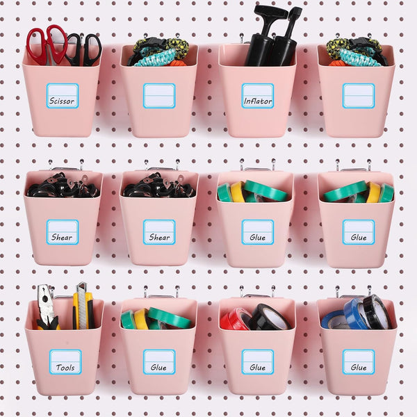 Namalu 12 Pack Peg Board Storage Bins - Square Box Shape with Labels and Hooks for Craft Room Wall Holder, Pink
