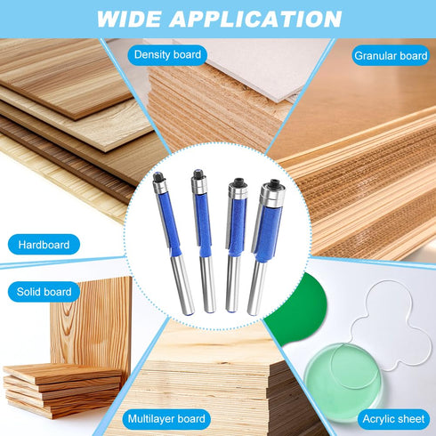 4Pcs 1/4 Inch Set, 1/4", 5/16", 3/8", 1/2" HONUTIGE Top Bearing Flush Trim Router Bits, Shank, Professional Straight