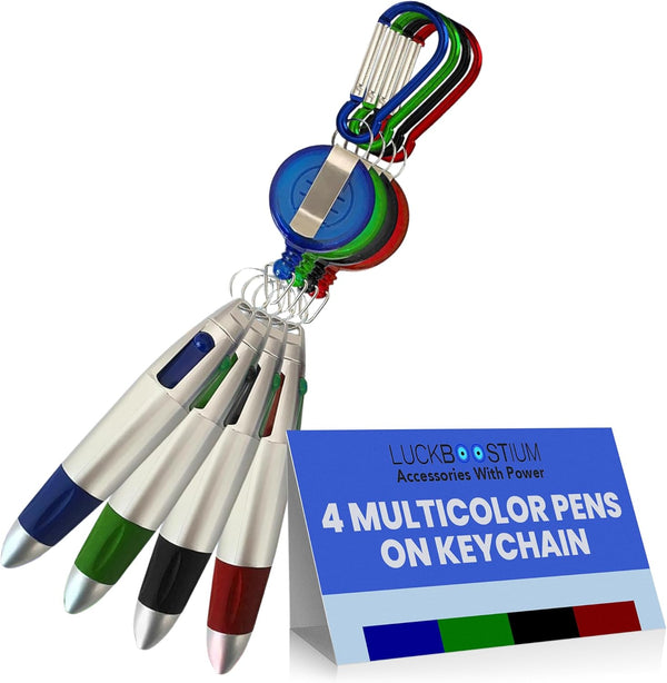 LUCKBOOSTIUM 4-in-1 Multi-Colored Ballpoint Pens - Keychain with Carabiner, Badge Reel & Belt Clip - Ideal Gift
