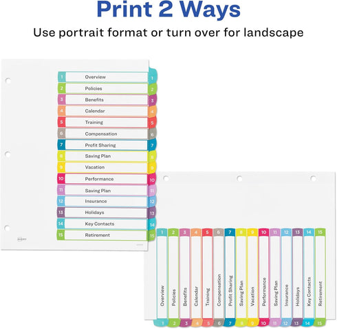 Avery Dividers for 3 Ring Binders - 15 Tabs per Set, Customizable Table of Contents, Multicolor Arched Tabs
