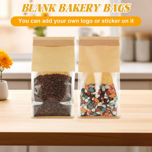 150Pcs 5.1 4.3 11 Inch Packaging QTLCOHD Bakery Bags with Window, x x Brown Paper Bread Bags, Small Tin Tie Tab Lock