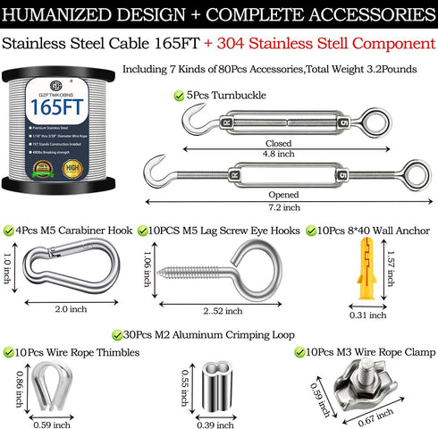 1/16 50M/165FT (50M, 165FT, 80) Wire Rope Kit,String Light Hanging Kit , Outdoor Light Guide Wire, Vinyl Coated