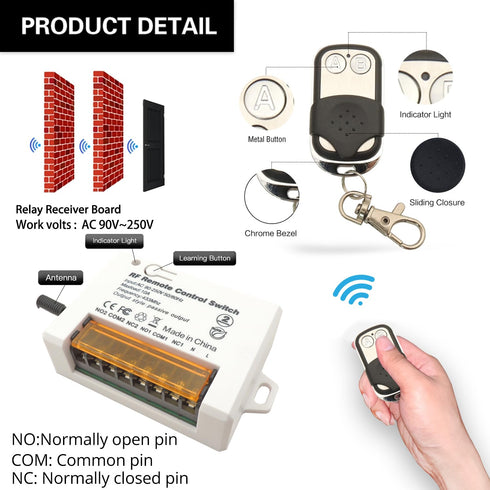 DieseRC 2 Channels Wireless Relay Remote Control Switch, 433Mhz RF AC 110V 120V 220V 240V, 10A Relay Receiver
