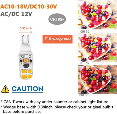 KAKEMONO T5 T10 Wedge Base LED Bulb, 2W AC10-18V/DC10-30V, 2700K Warm White, 10 Pack for Low Voltage