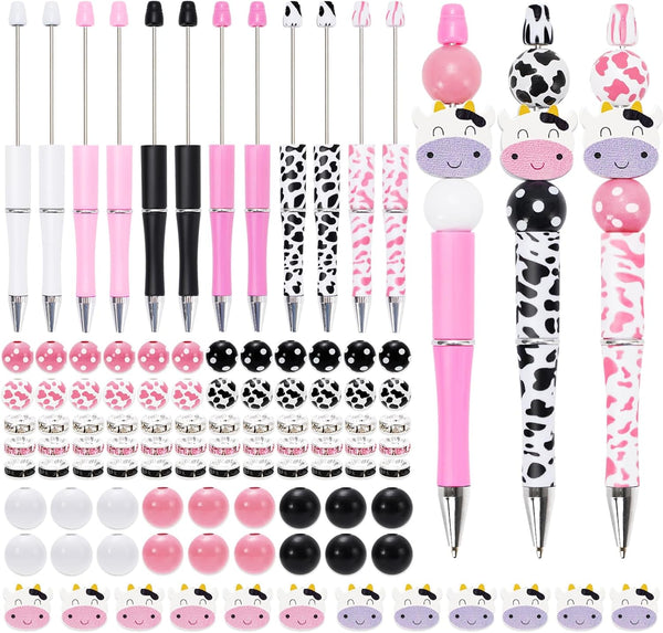 Whaline 12 Sets Cow Print Beadable Pens, DIY Pens with Milk Cow Shaped Beads for Students Office Gifts
