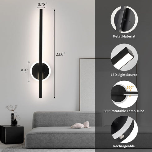 Dimmable 350Rotate, 24 Inch 1 Pack) Battery Operated Wall Sconce, Rechargeable Wall Lights with Remote Control, LED
