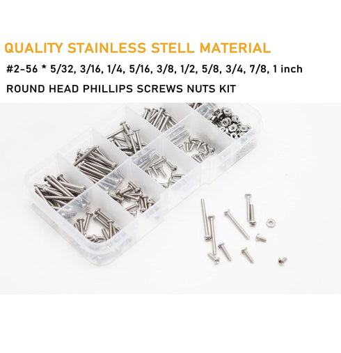 binifiMux 300pcs Assortment Kit of 2-56 Pan Phillips Machine Screws & Hex Nuts, 304 Stainless Steel