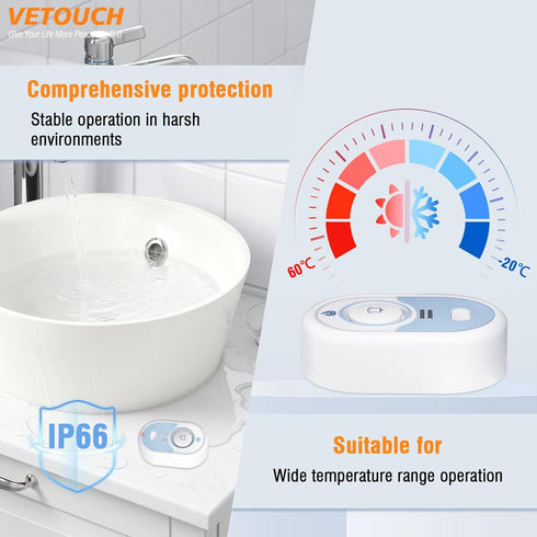VETOUCH 100dB 3-Pack Water Leak Detector with Loud Alarm, Siren & LED Flash, Water Sensor Alarm for Home, Basement