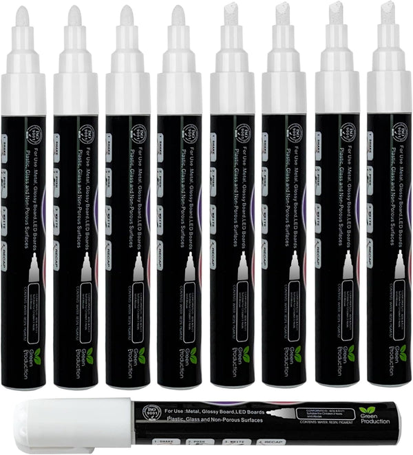 White Liquid Chalk Markers Set, 8 Pack, 6mm Reversible Thick & Chisel Tip, Wet Erase Paint Pens for Blackboard
