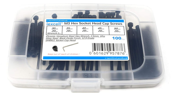 iexcell 100 Pcs M3 x 30/35/40/45/50 Alloy Steel Hex Socket Head Cap Screws Bolts Assortment Kit