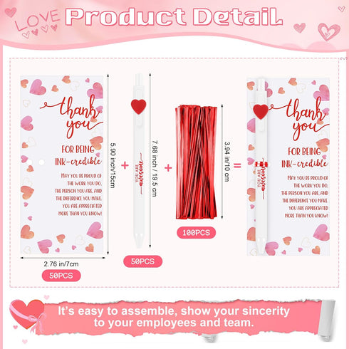 50 Sets Jetec Valentines Pens Bulk Heart Employee Appreciation Gifts Inspirational Ballpoint Pen with Thank You Card