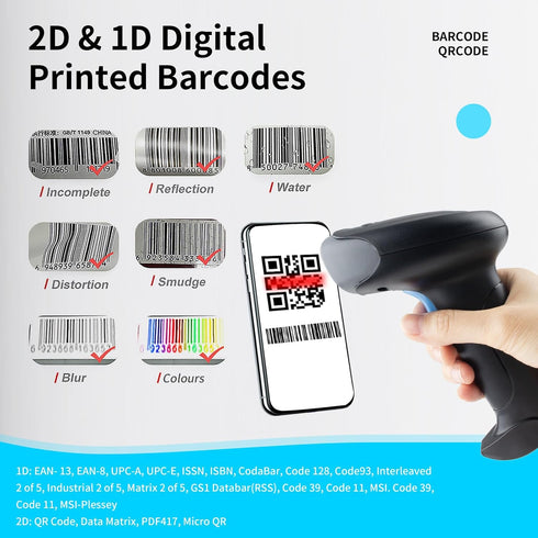 Wireless Barcode Scanner 1D QR Handheld Laser Reader, 3-in-1 Bluetooth & 2.4G Wireless & USB Wired for iPad, Android,