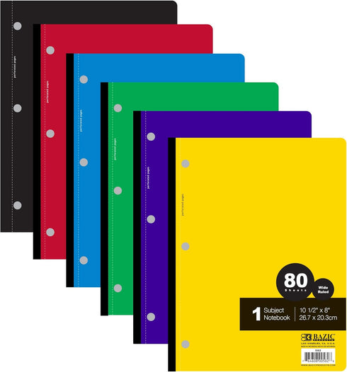 BAZIC Notebook, Wide Ruled, 1 Subject, 80 Sheets, Assorted Color, 6-Pack, Wireless Notebooks
