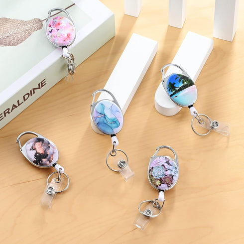 Badge Reels Retractable, Double Sided Color Print Pattern Badge Holders with Keychain and Clip