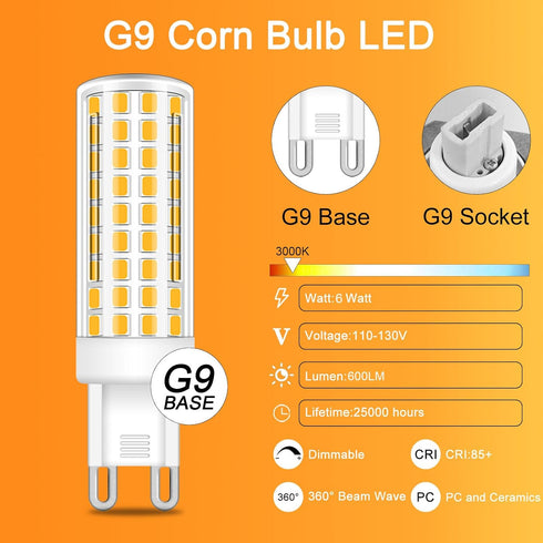 Dimmable G9 Bulb 3000K T4 G9 6W 60 120V 600 G9 Bulbs (3 Pack) LED Warm White, Replacement for Watts Halogen, Ceramic Bi