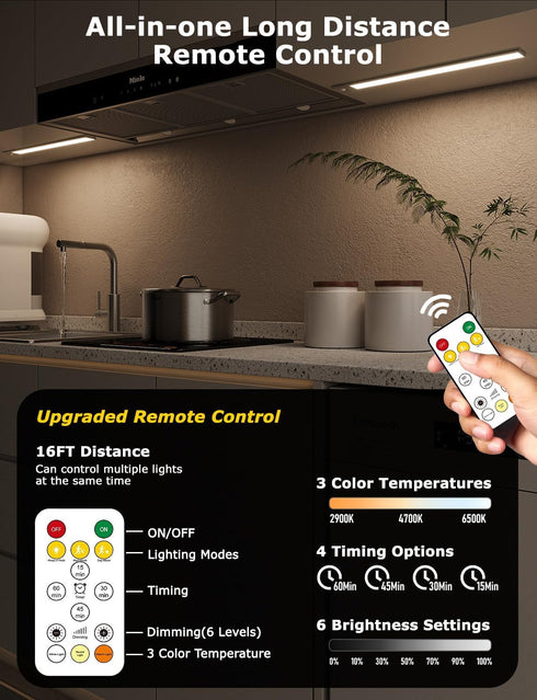 16" Counter 3-Color-Temps Closet (2 Pack, Ultra-Thin Under Cabinet Lighting Wireless, Aluminum Alloy Under Lights