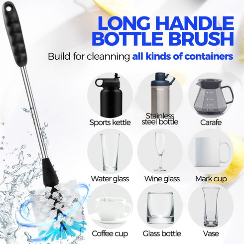 6 Pack Set, 14" 3 3-in-1 Holikme Bottle Brush Long Handle Stainless Steel Bottle Cleaner Brush, Straw Brushes, Bottle