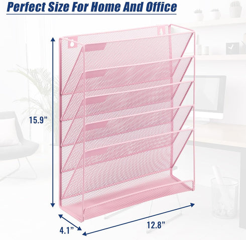 EASEPRES Wall File Holder Organizer - Cute Pink 5 Tier Hanging File Rack for Home Office Supplies