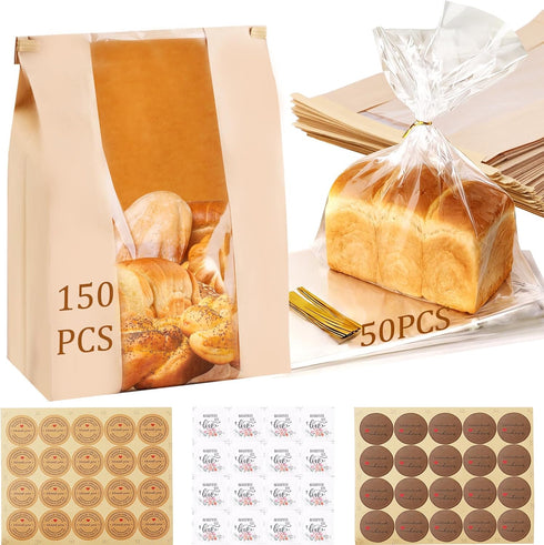 200 Pack Paper Bread Bags Ste, 150 Pcs Kraft Paper Bread Bags